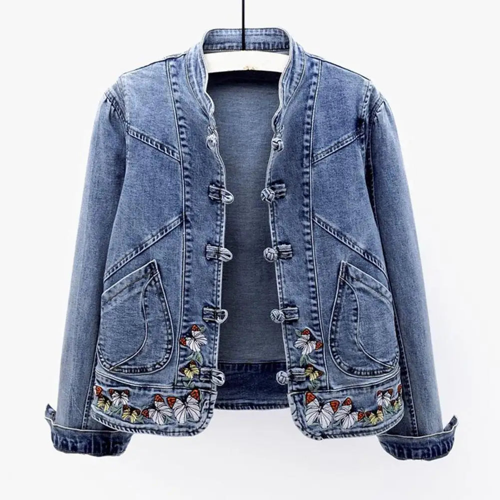 Women Jeans Jacket Butterfly Embroidery 2026 Women's Short Denim Jacket Spring And Autumn Cropped Chinese Style Retro Denim Coat