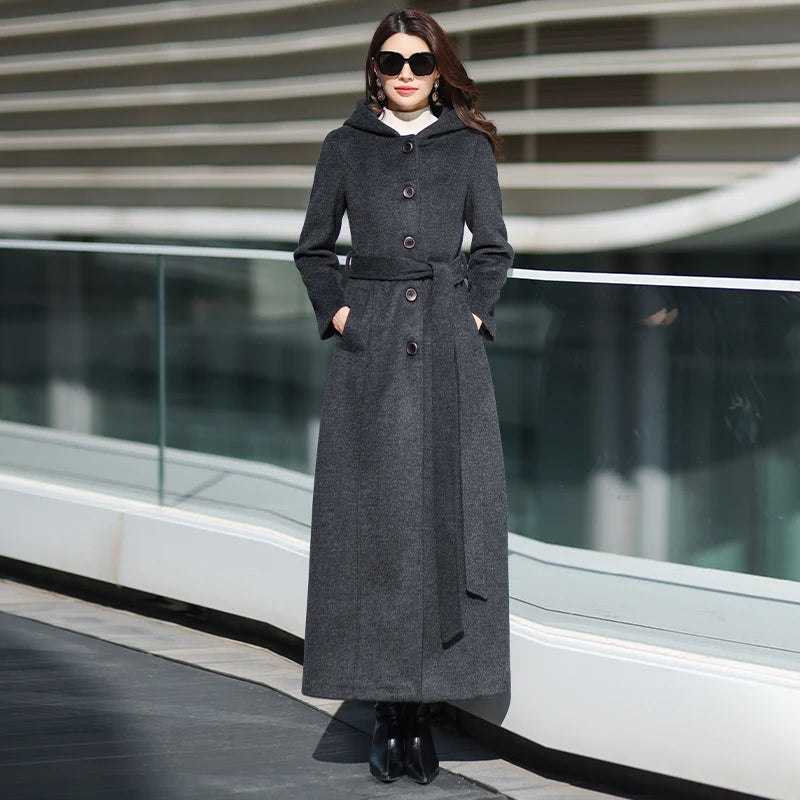 2026 Fall/Winter New Arrival: Dark Grey Hooded Wool Coat - Fashionable Slim-Fit Long Overcoat for Streetwear &amp; Daily Wear