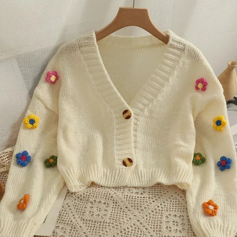 2026 New Autumn Winter Colourful Applique Flower Cardigan for Women Cute Long  V-neck Knit Crop Sweater Girl Soft Knitwear