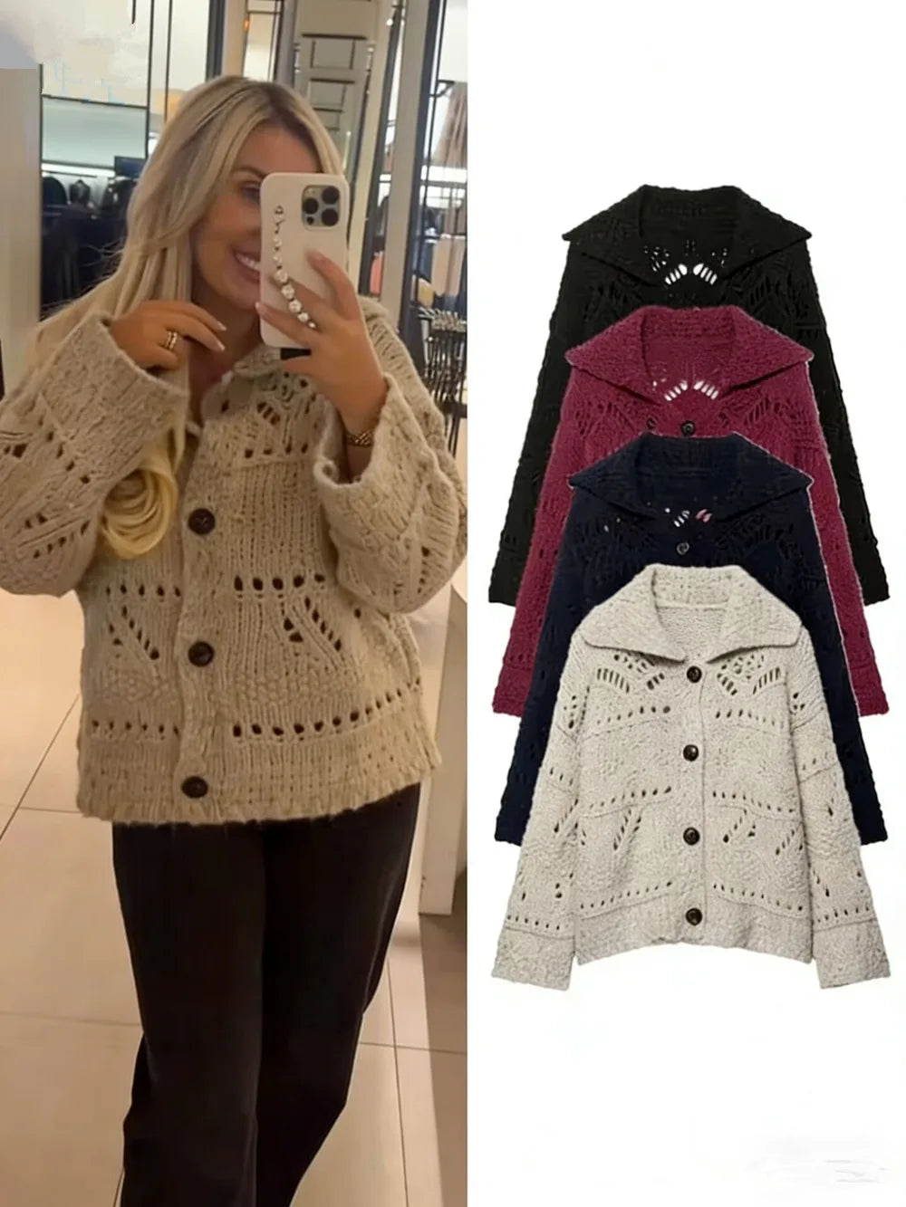 Women's Knit Cardigan Coat 2026 Spring Revere Collar Long Sleeve Button Plain Sweater Tops Female Fashion Loose Hollow Coats