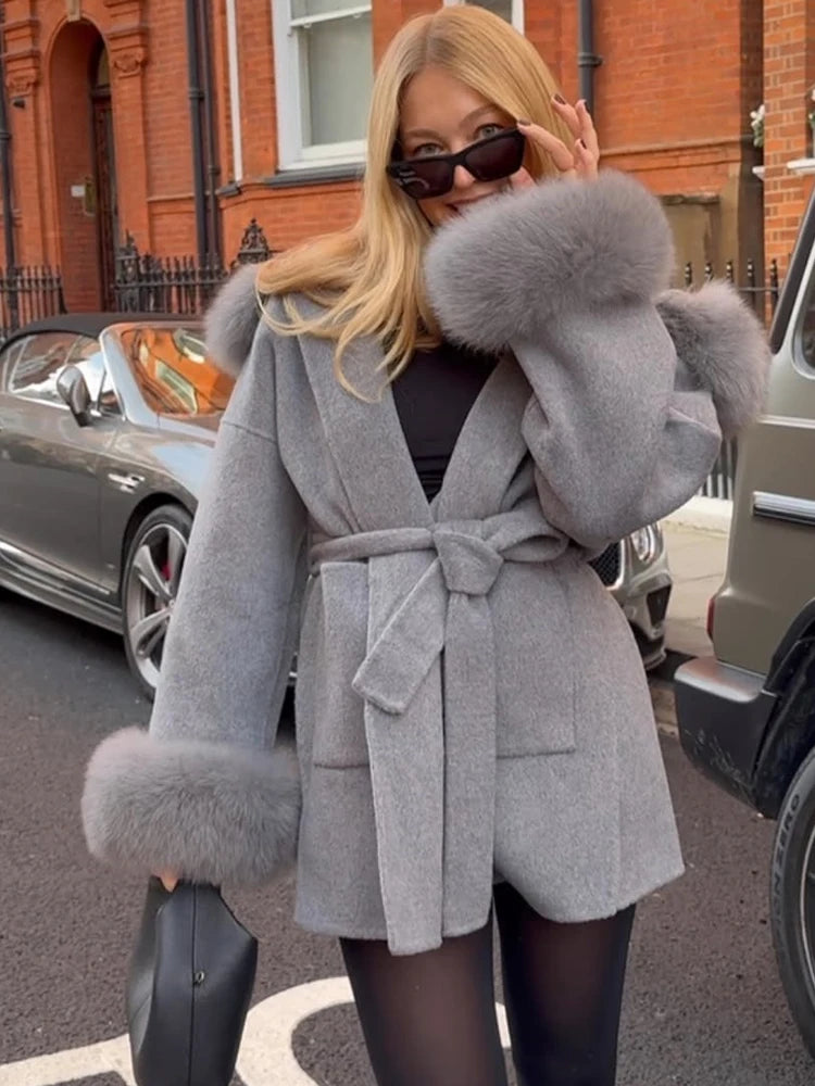 Women Solid Fur Collar Hooded Woolen Overcoat Casual Plush Cuff Lace Up Pockets Mid-length Coat 2026 Lady Daily Commute Wear New