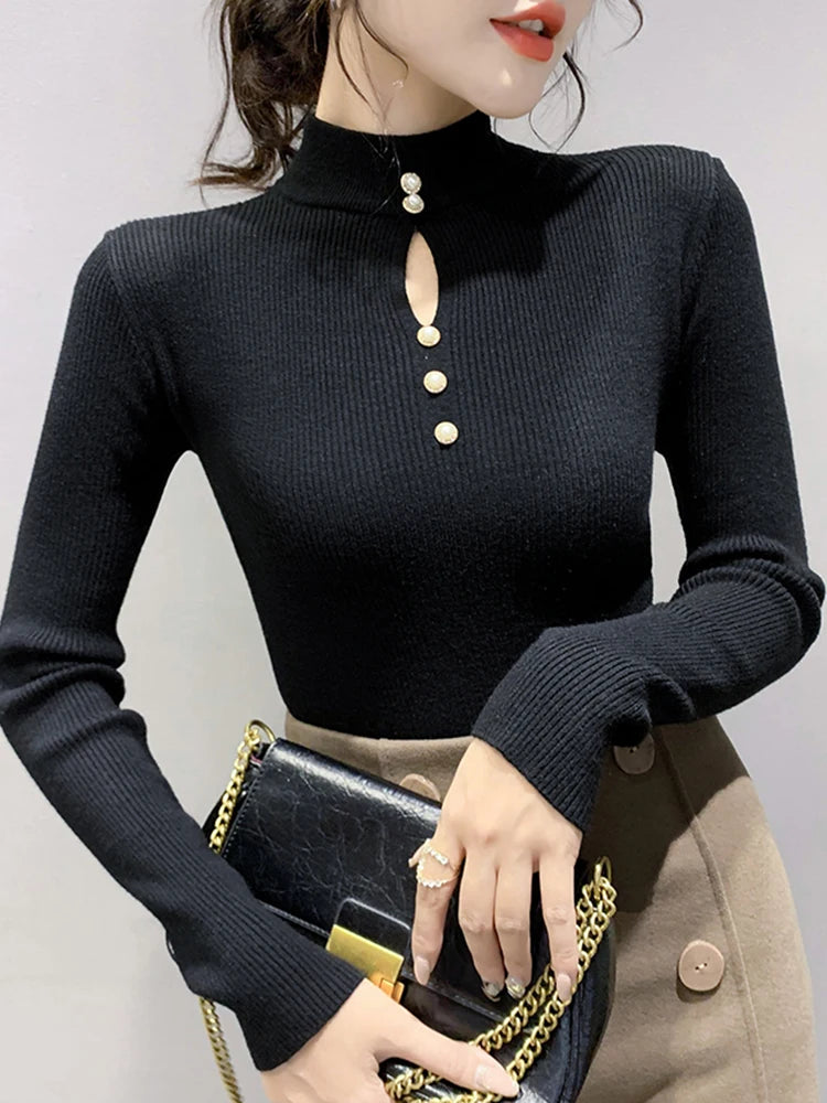 Autumn Winter Pullovers Women Hollow-out Sweaters Long Sleeve Half High Collar Sweater Female Slim Korean Knitwears Tops 2026