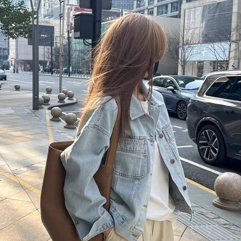 New Ins Korean Wash Cotton Retro Denim Jacket Women's Spring and Autumn Thin Korean Version Loose Short Long Sleeve Shirt