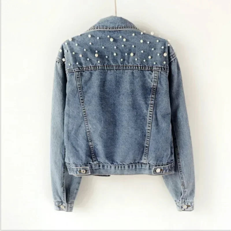 Fashion Pearl Denim Jacket Women Short Style Loose Fit Spring Autumn Casual Outerwear