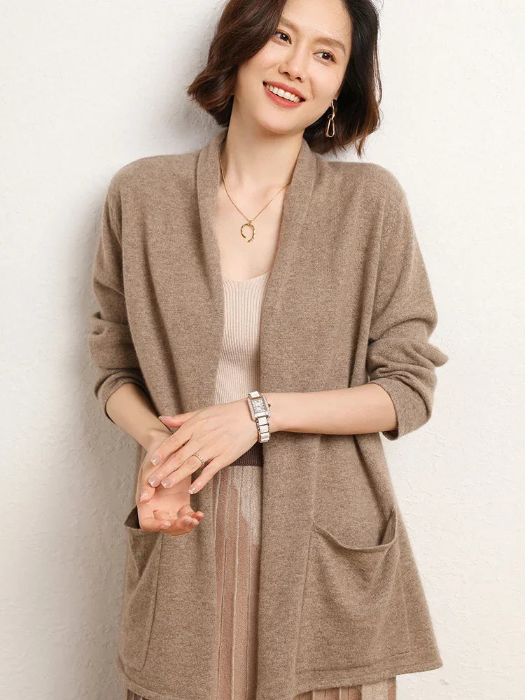 Women's  Merino Wool Long Style Cardigan For Autumn Winter Long Sleeve Sweater Casual Pocket Knitwear Soft Cloth