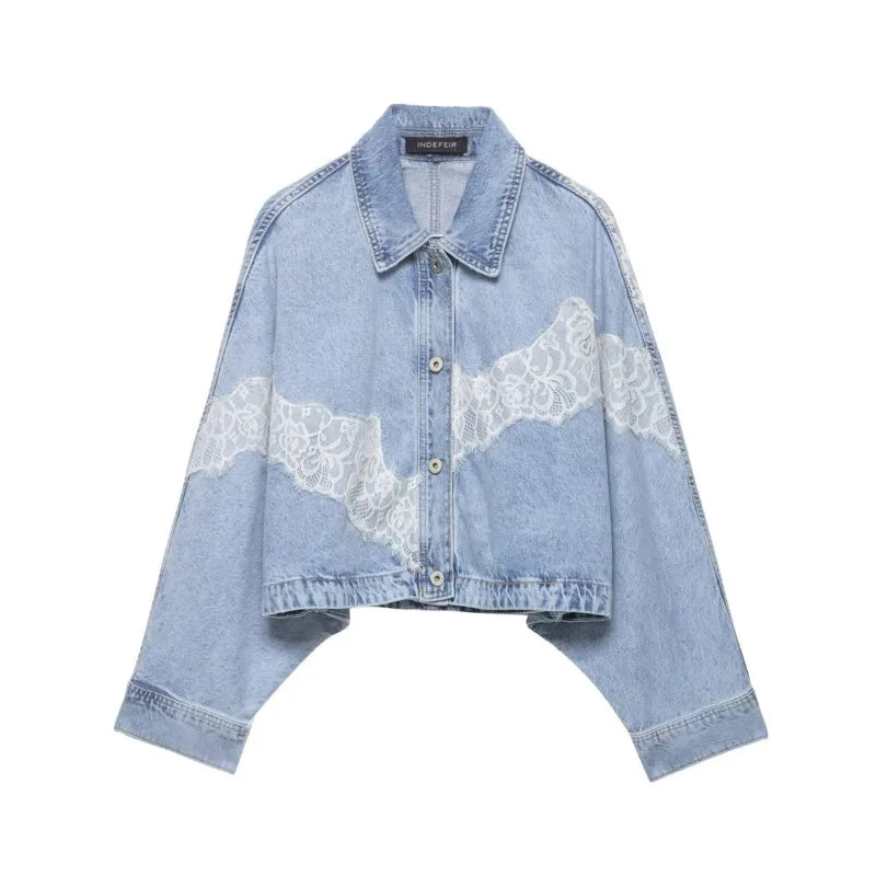 Women's Cropped Lace Denim Jacket New 2026 Spring Long Sleeve Button Female Chic Outerwears High Street Lady Chic Tops