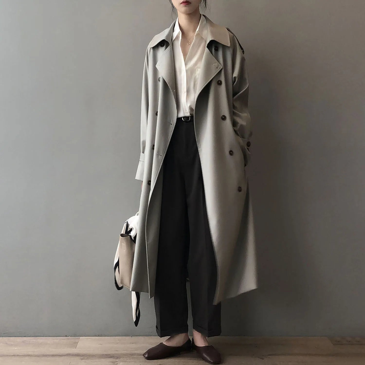 Women's Long Trench Coat, Loose Waist, Double Breasted, Casual Jacket, Spring And Autumn, Temperament Trench,